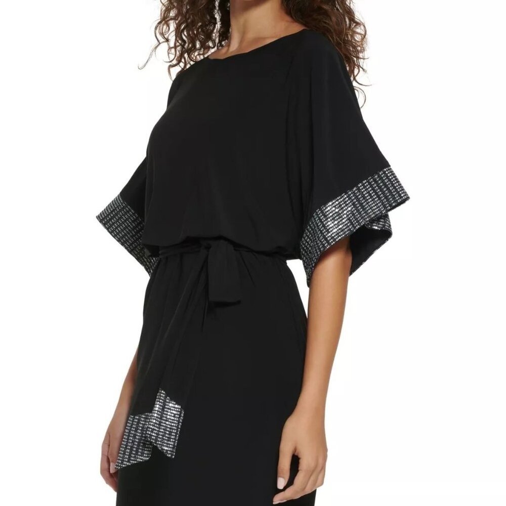 Jessica Howard Black Metallic Silver Belted Stretch Blouson Dress Size 8